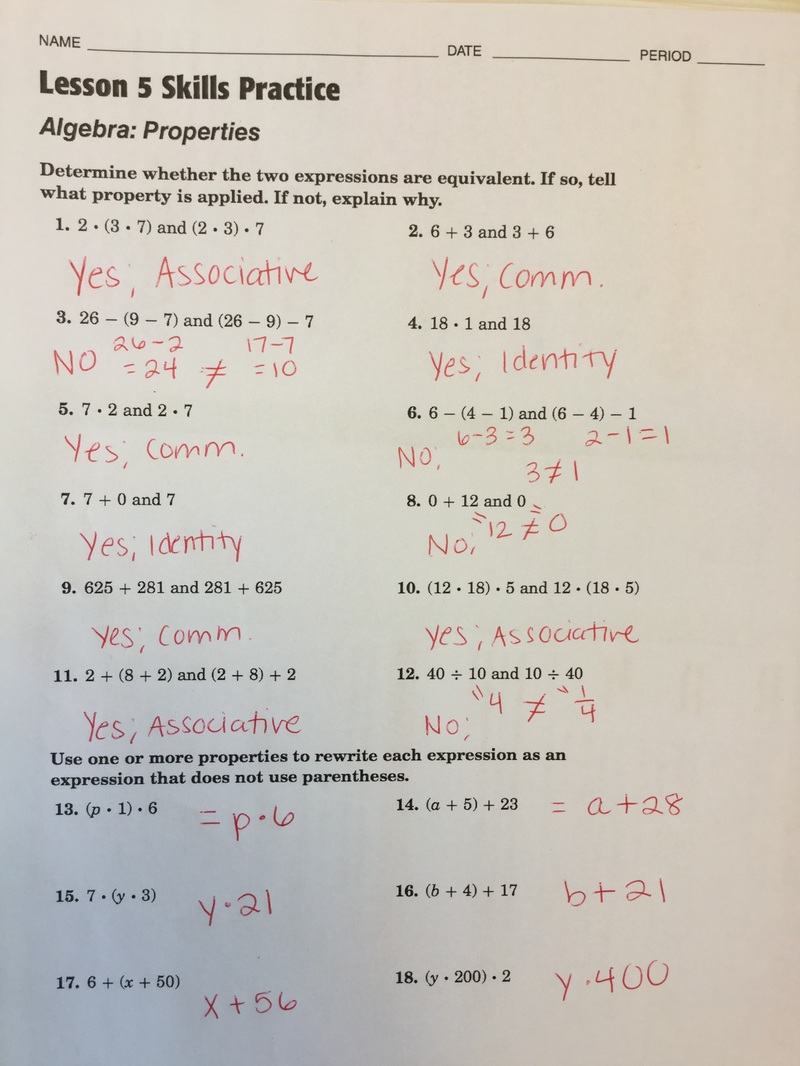 Tuesday, January 22th: Section 22.22 Properties of Operations - MRS With Regard To Properties Of Operations Worksheet